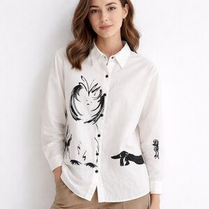 blost Women’s White Graphic Button-Up Shirt Long Sleeve Poodle Print Size XL (L)
